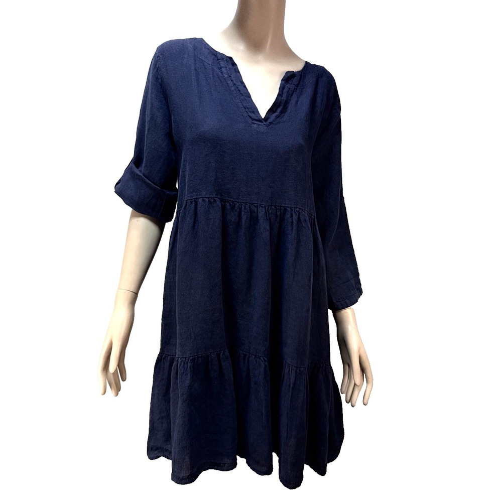 Bellambia Navy Blue Linen Tiered Dress Size L V-Neck 3/4 Roll Sleeve Made Italy